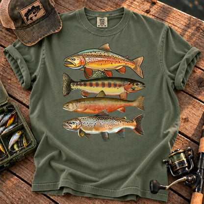 Colorful Trout Row T-Shirt in Moss