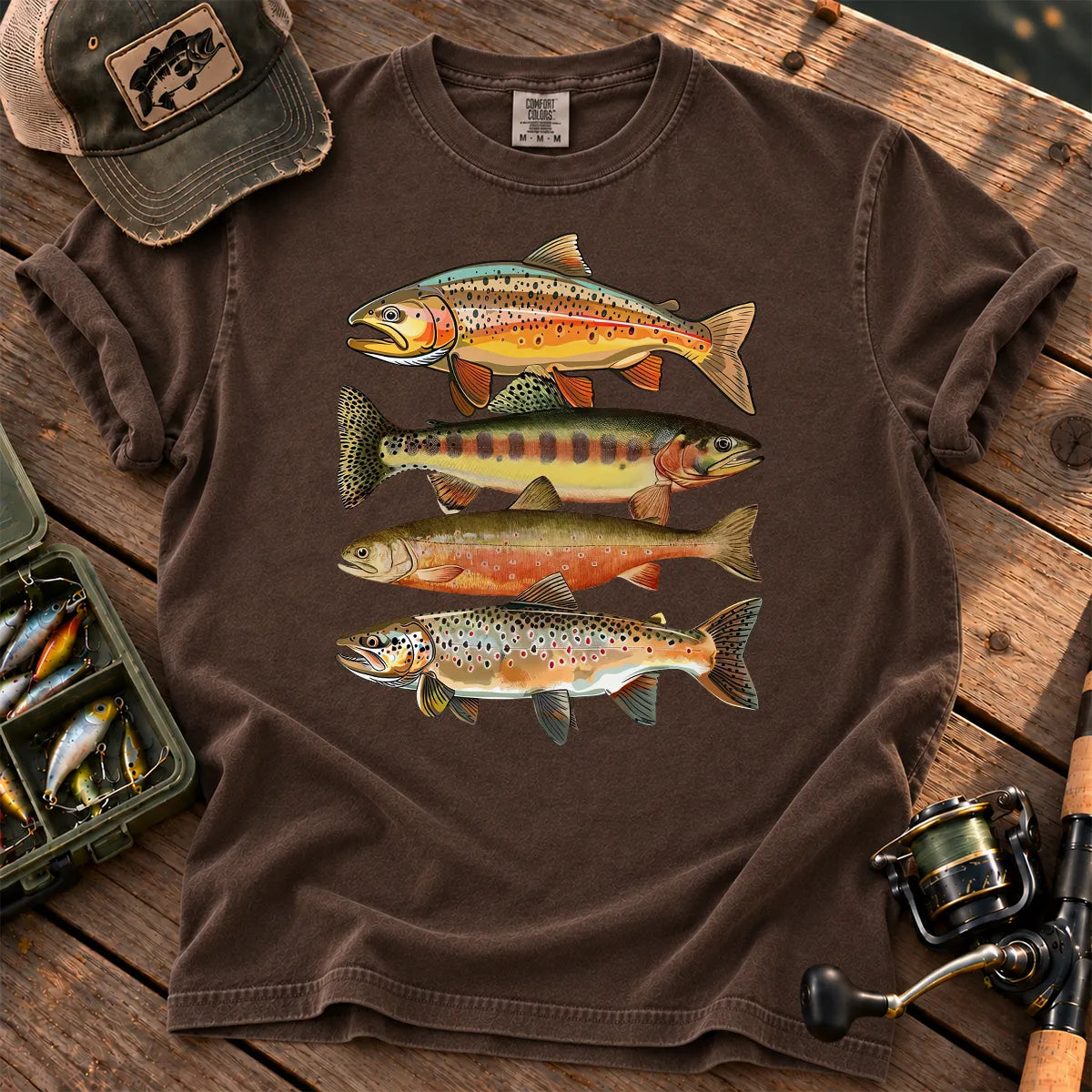 Colorful Trout Row T-Shirt in Espresso