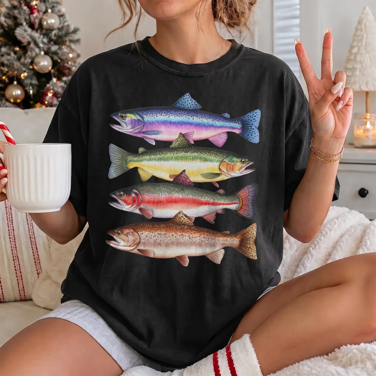 Colorful Trout Species T-Shirt Women model in Black