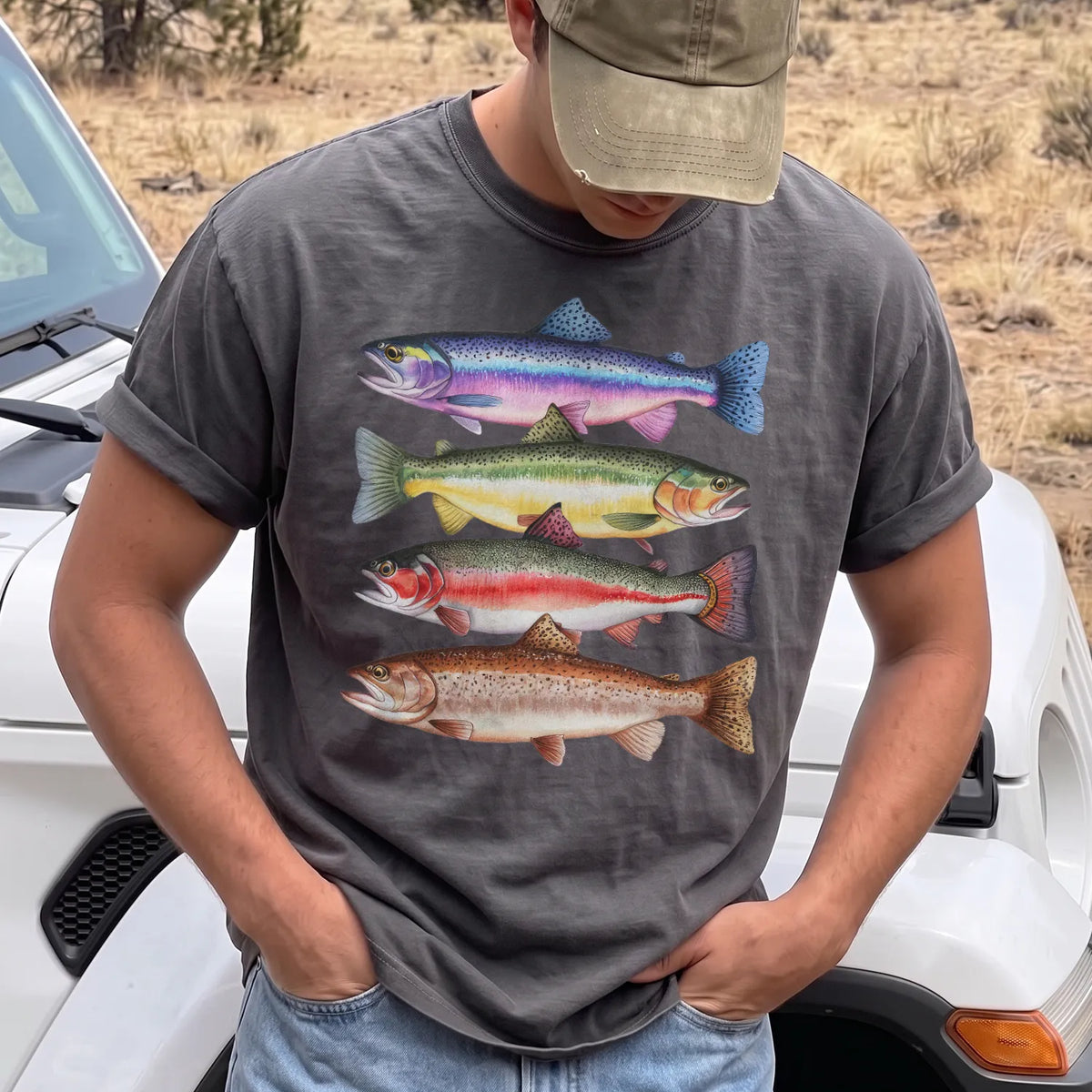 Colorful Trout Species T-Shirt Men model in Pepper