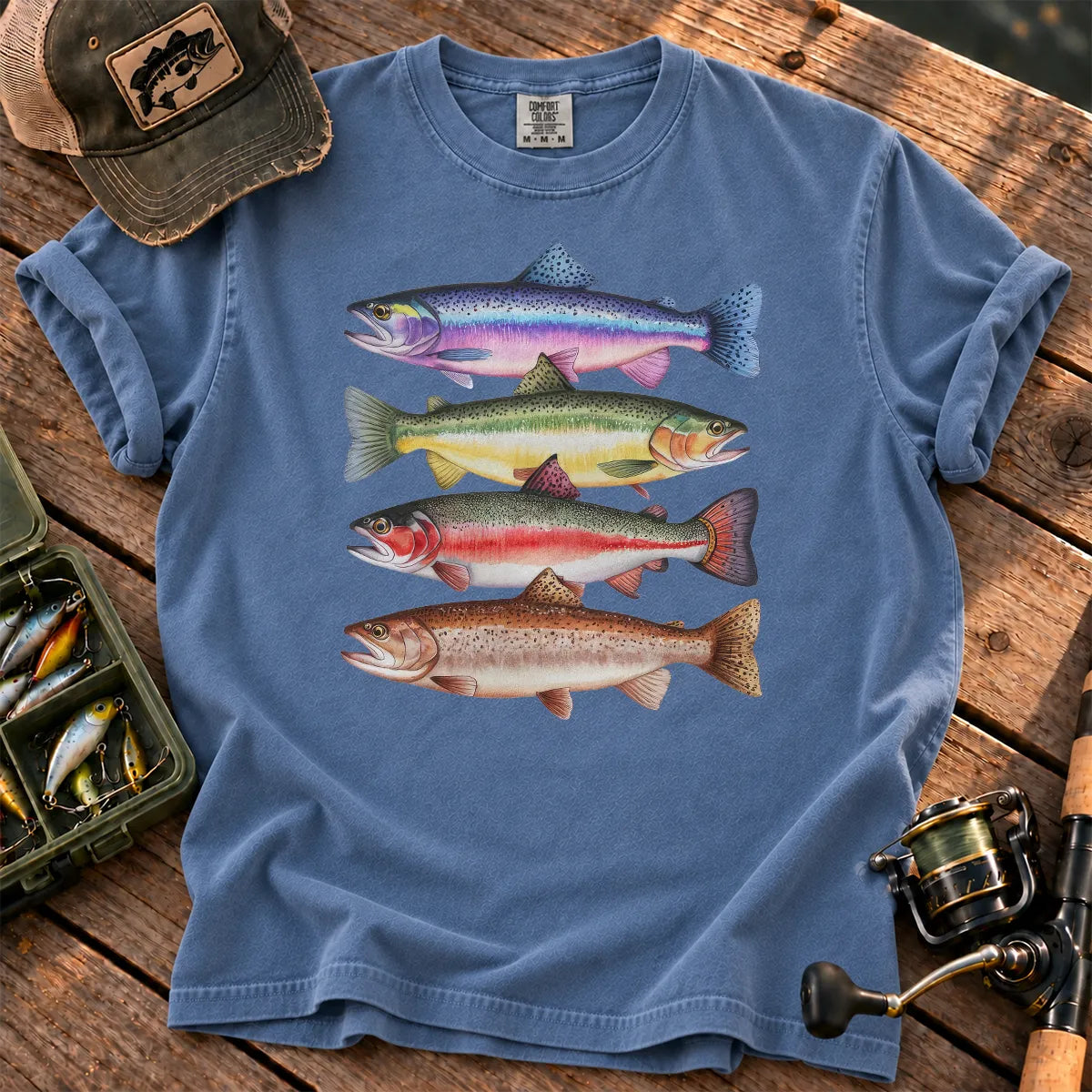 Colorful Trout Species T-Shirt in Blue Jean
