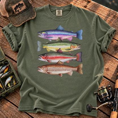 Colorful Trout Species T-Shirt in Moss