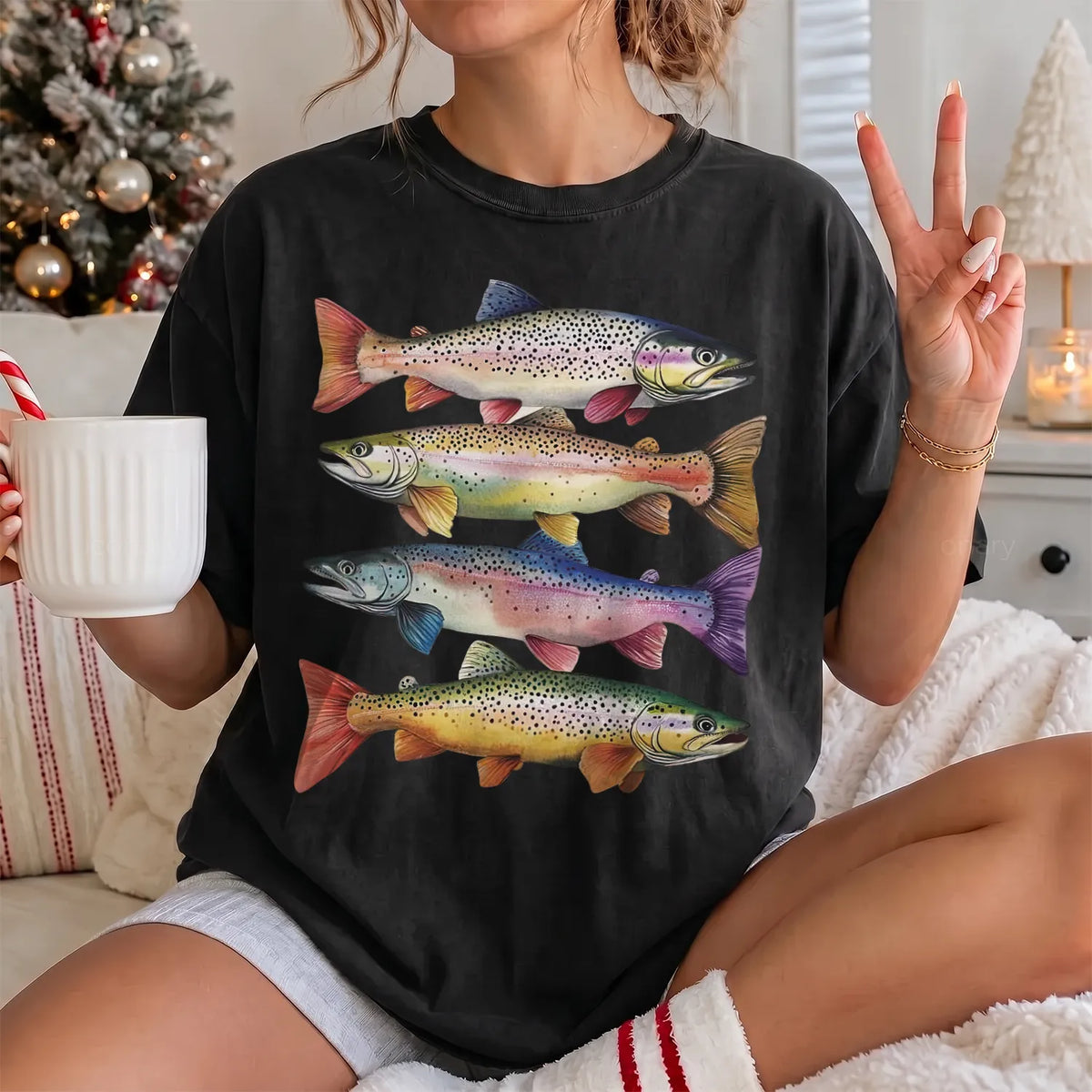 Colorful Trout Stack T-Shirt Women model in Black