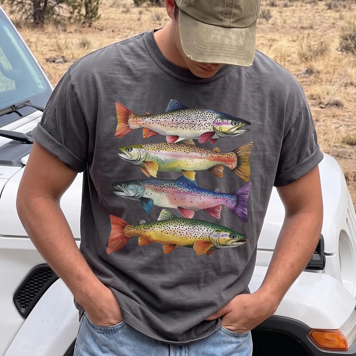 Colorful Trout Stack T-Shirt Men model in Pepper