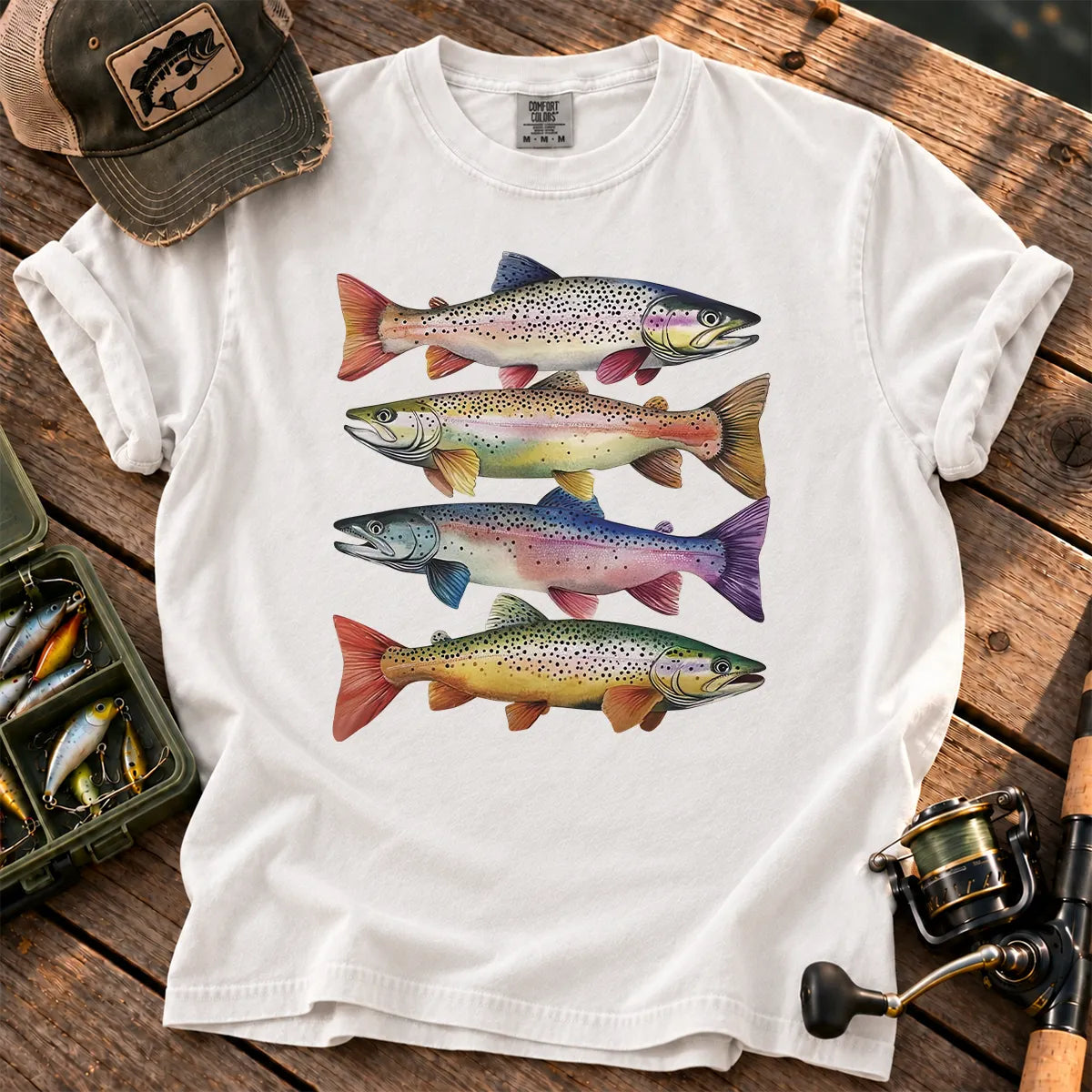 Colorful Trout Stack T-Shirt in White