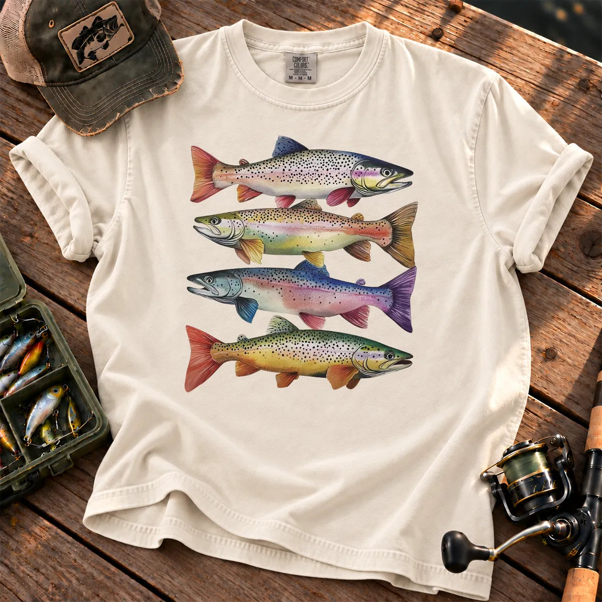 Colorful Trout Stack T-Shirt in Ivory