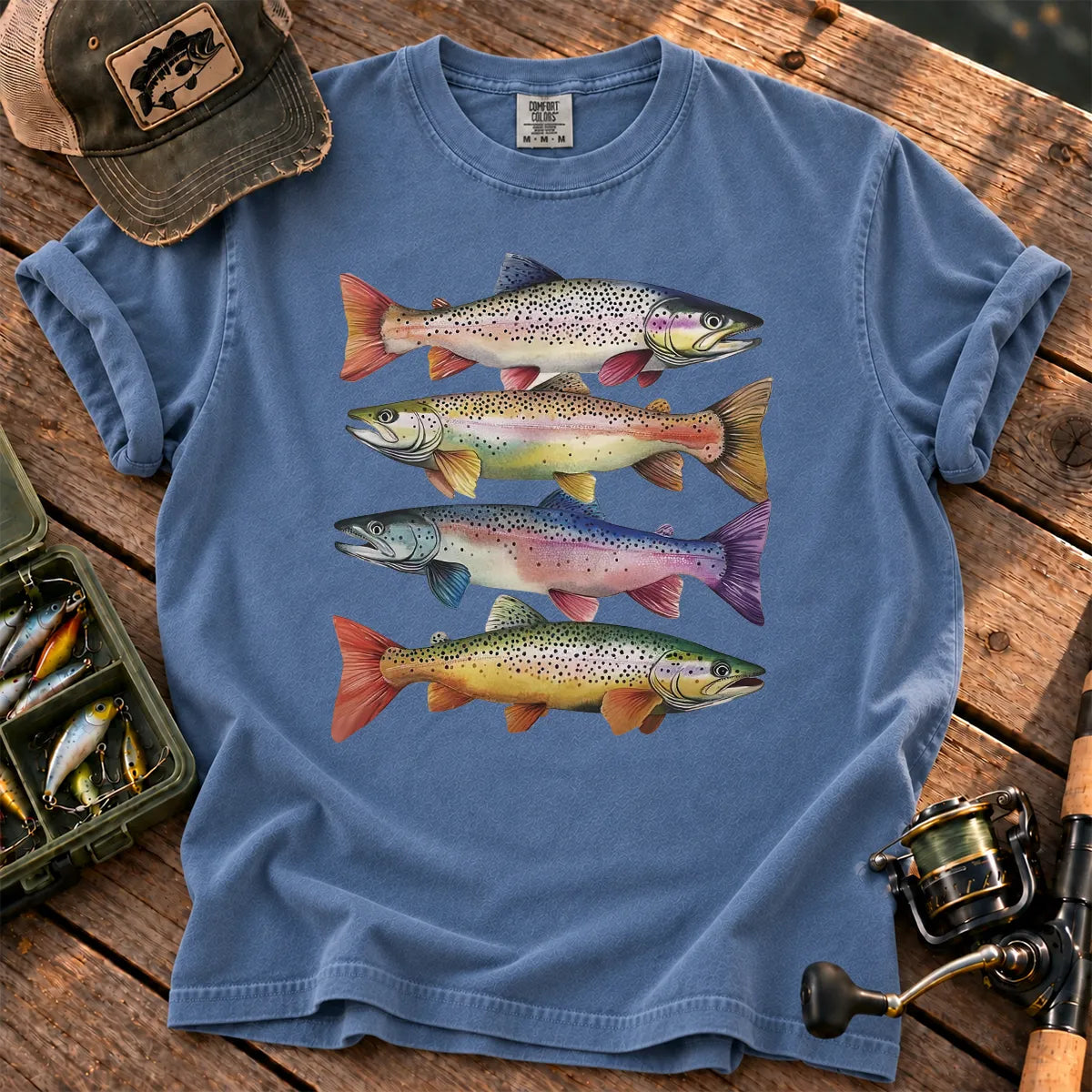 Colorful Trout Stack T-Shirt in Blue Jean