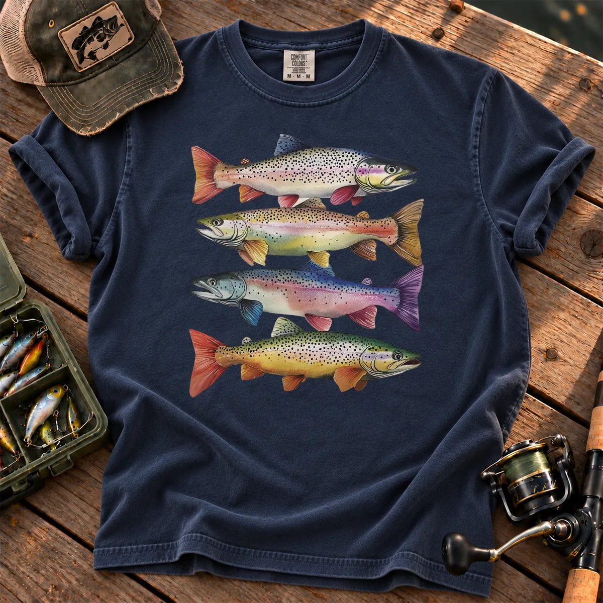 Colorful Trout Stack T-Shirt in True Navy
