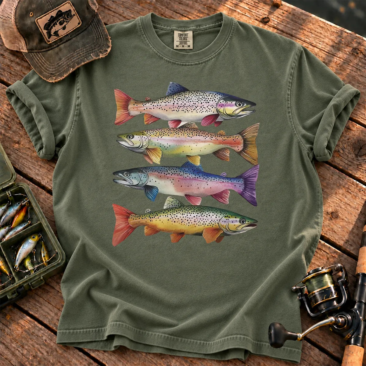 Colorful Trout Stack T-Shirt in Moss