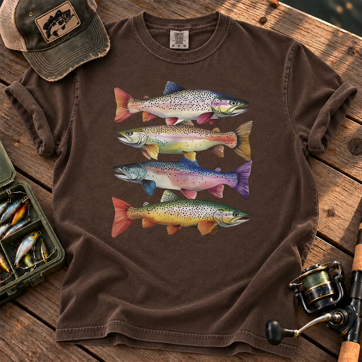 Colorful Trout Stack T-Shirt in Espresso