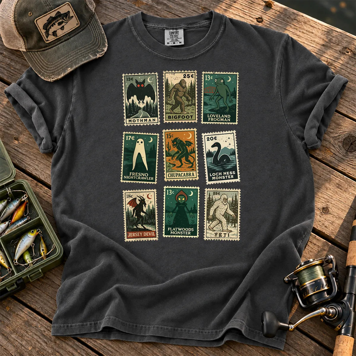 Cryptid Monster Stamps T-Shirt in Pepper