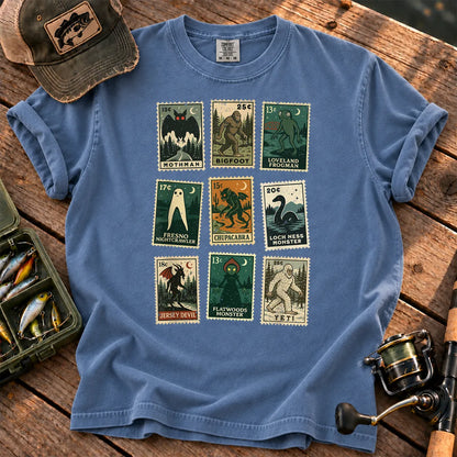Cryptid Monster Stamps T-Shirt in Blue Jean