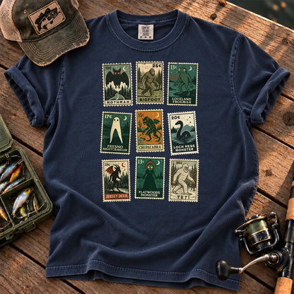 Cryptid Monster Stamps T-Shirt in True Navy