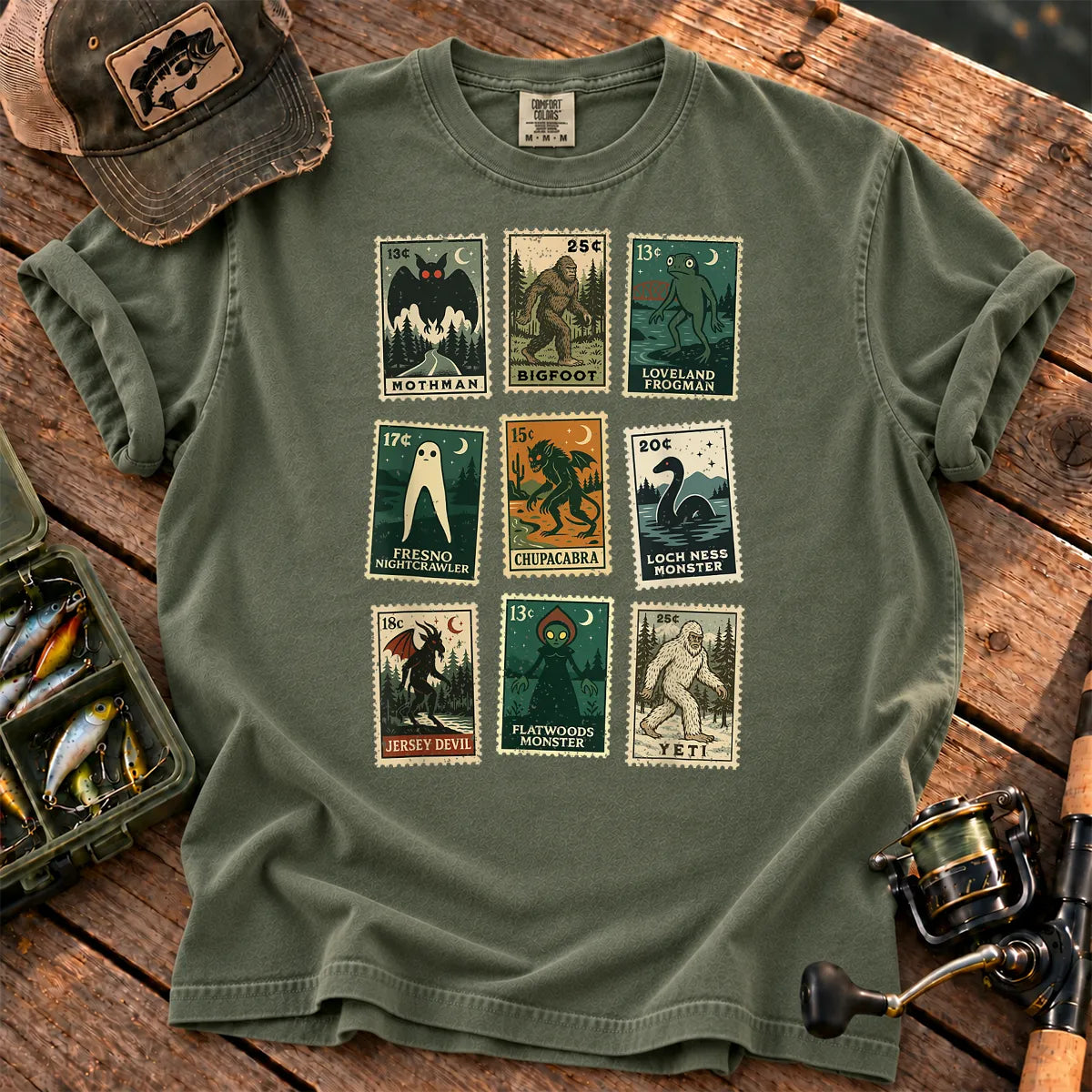 Cryptid Monster Stamps T-Shirt in Moss