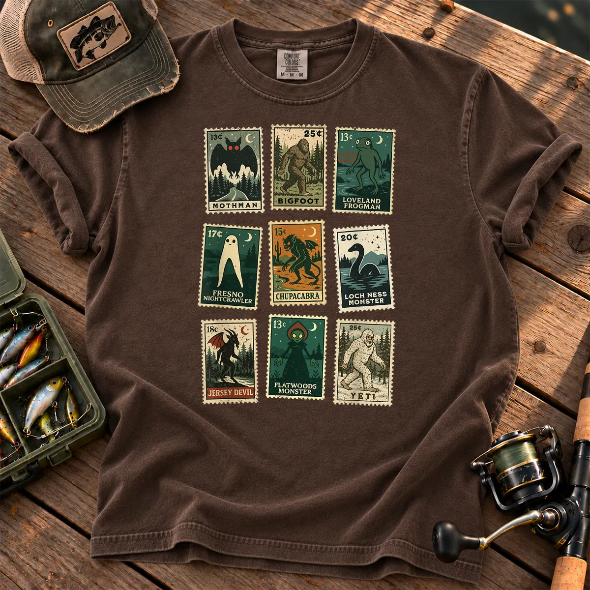 Cryptid Monster Stamps T-Shirt in Espresso