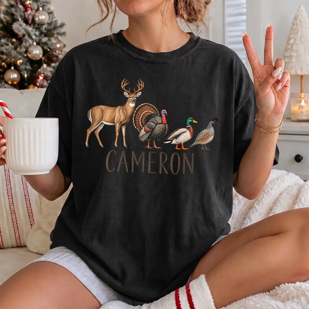Custom Name Hunting Season T-Shirt Women model in Black
