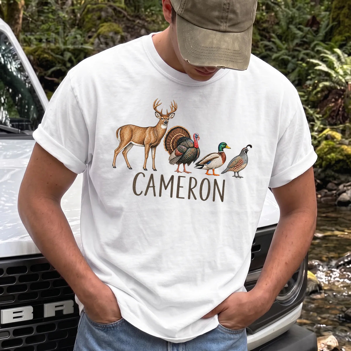 Custom Name Hunting Season T-Shirt Men model in White