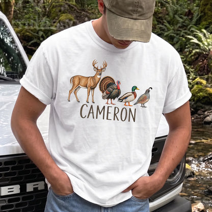 Custom Name Hunting Season T-Shirt Men model in White