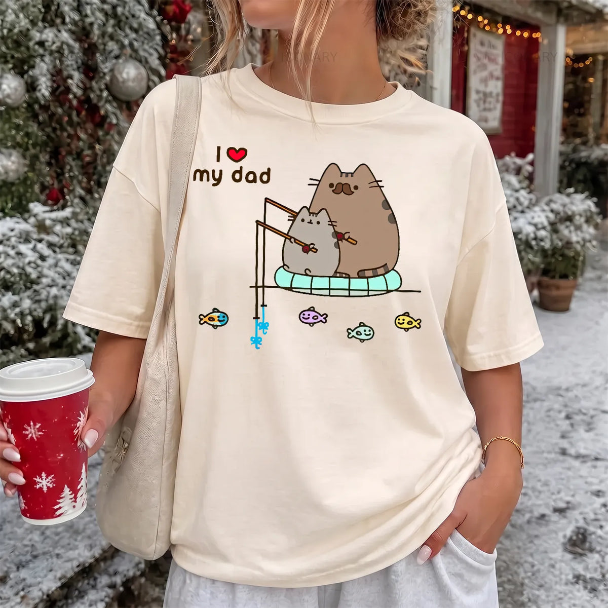 Cute Cat Loves Fishing T-Shirt Women model in Ivory