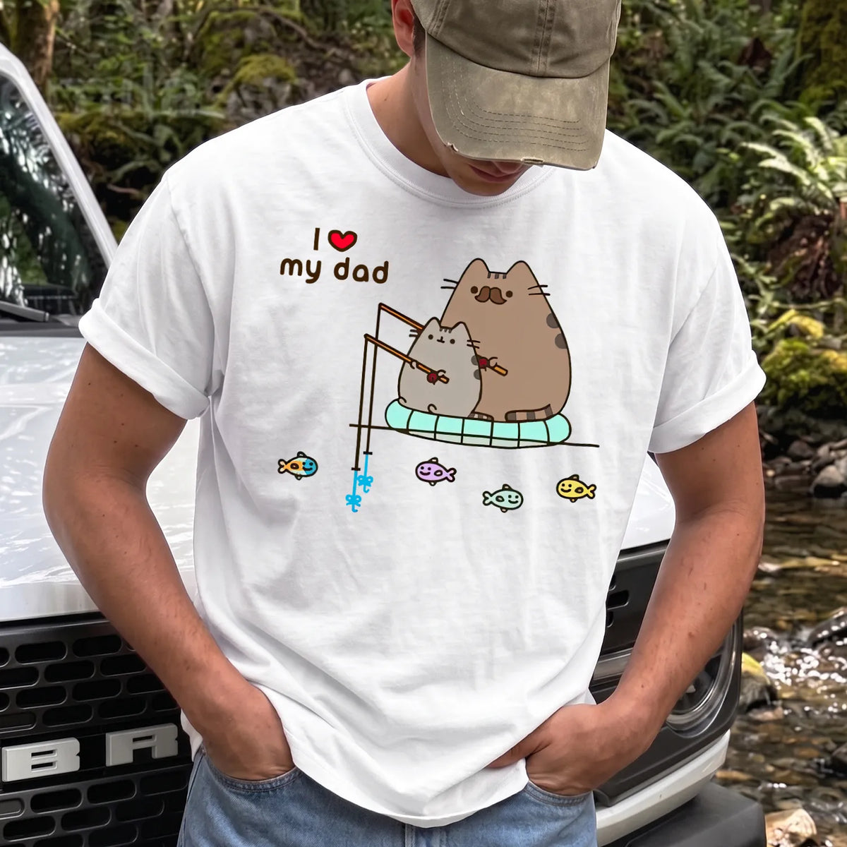 Cute Cat Loves Fishing T-Shirt Men model in White