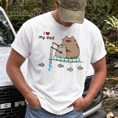 Cute Cat Loves Fishing T-Shirt Men model in White