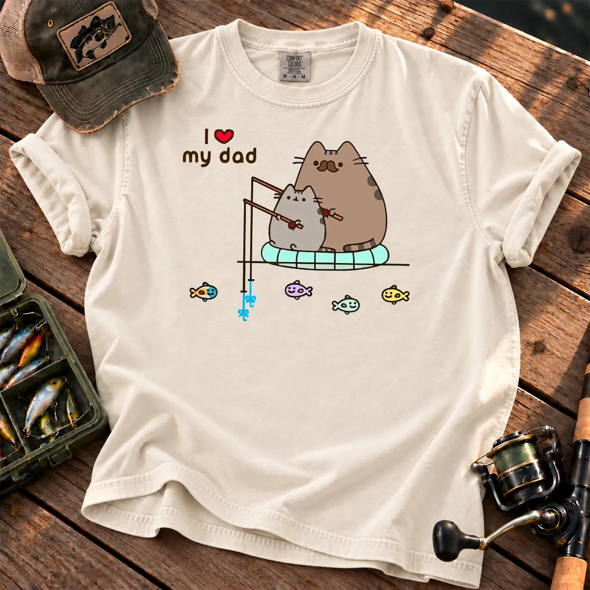 Cute Cat Loves Fishing T-Shirt in Ivory