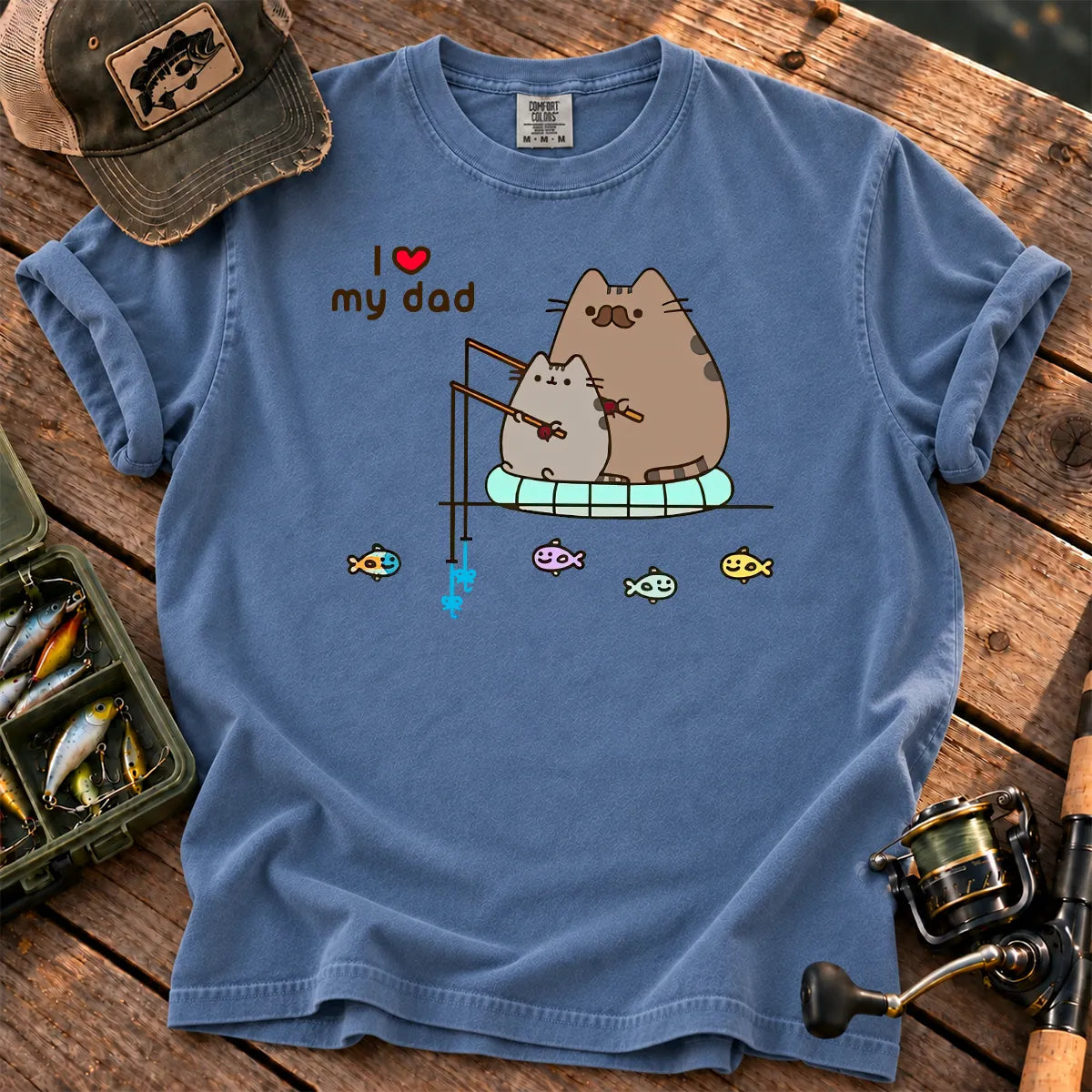 Cute Cat Loves Fishing T-Shirt in Blue Jean