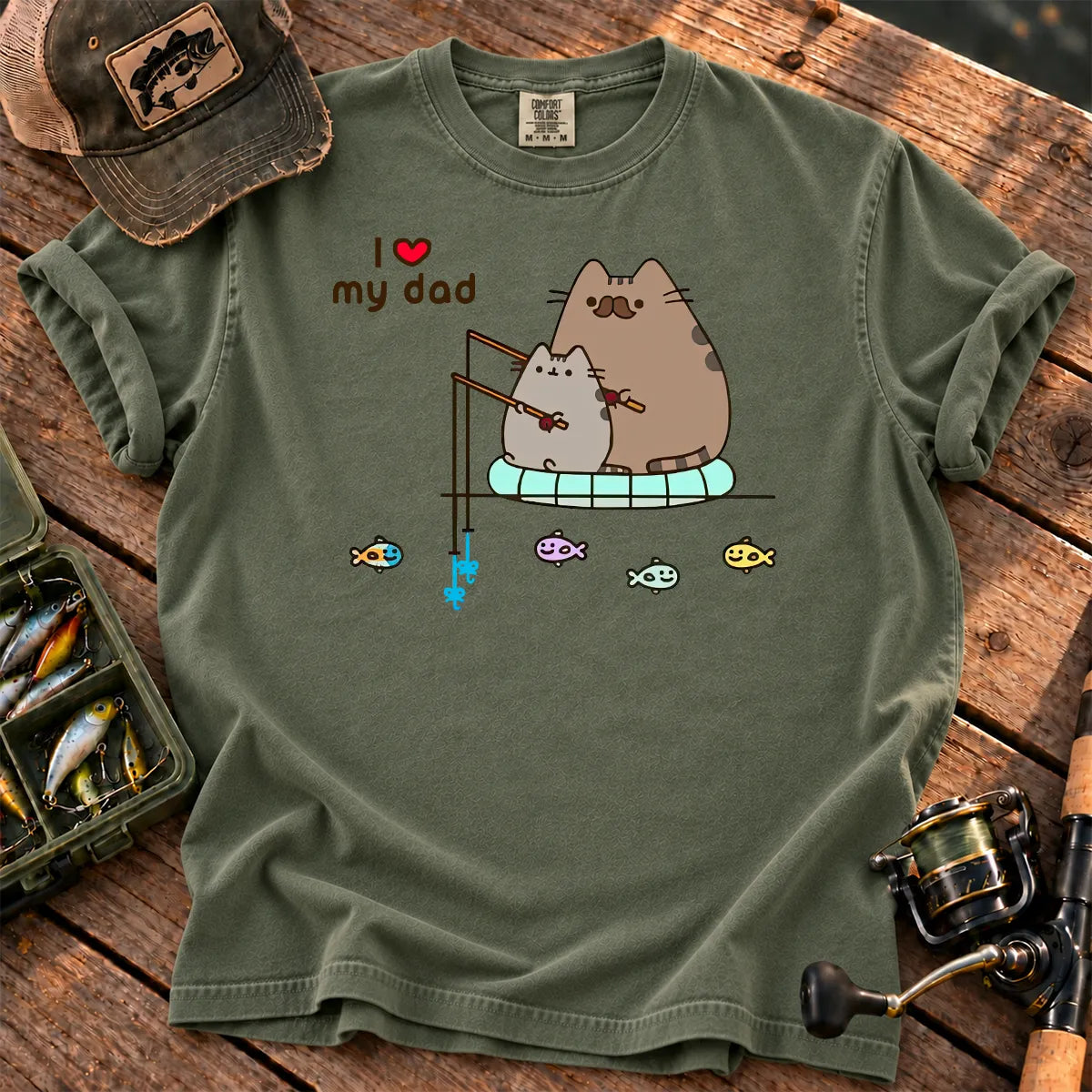 Cute Cat Loves Fishing T-Shirt in Moss