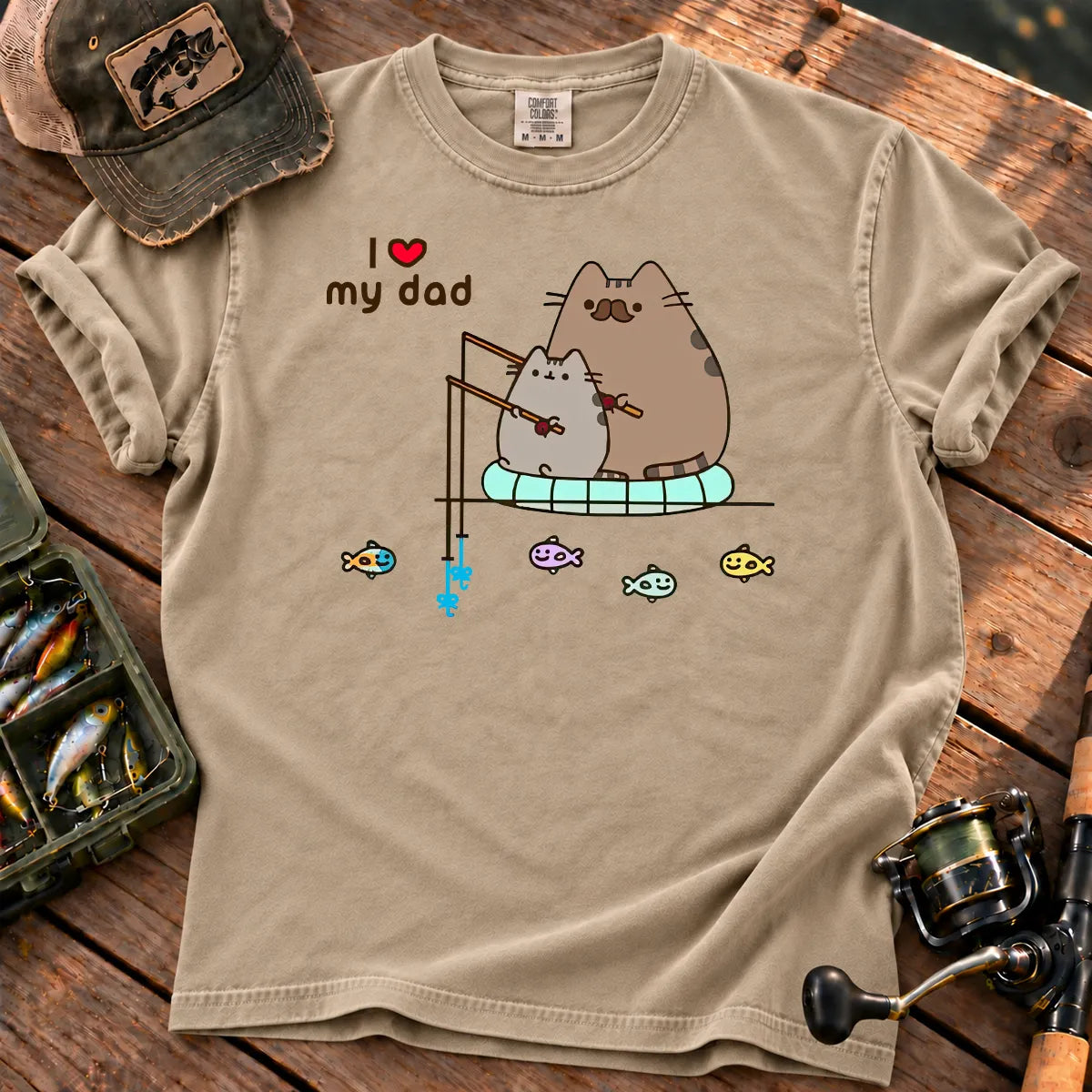 Cute Cat Loves Fishing T-Shirt in Sandstone