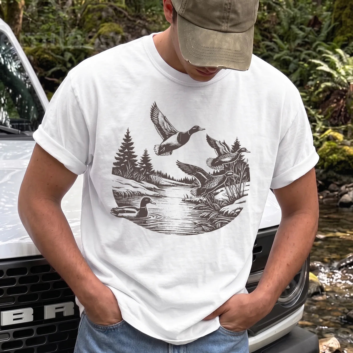 Dark Mallard Flight T-Shirt Men model in White