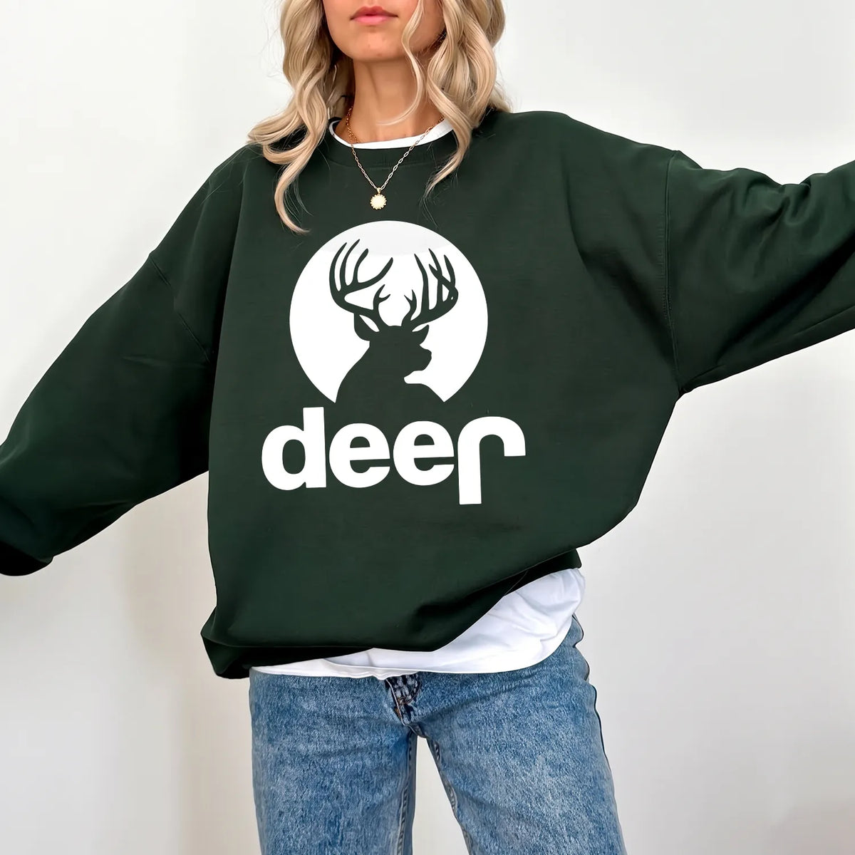 Deer Badge Parody Sweatshirt Women model in Forest Green
