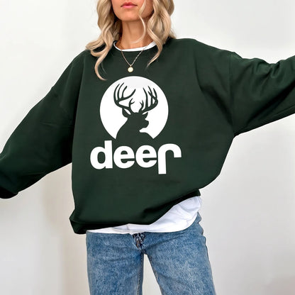 Deer Badge Parody Sweatshirt Women model in Forest Green