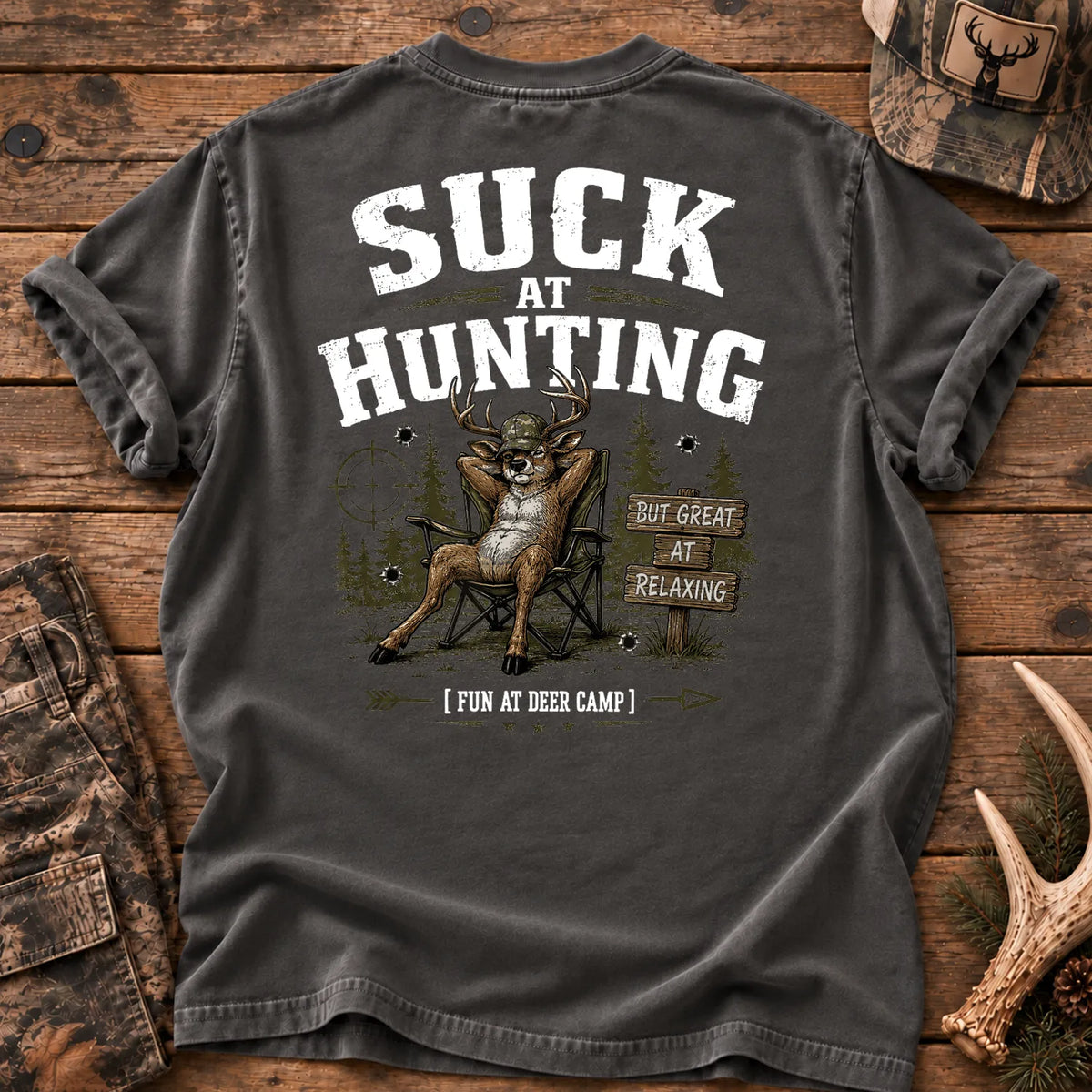 Deer Camp Relaxing T-Shirt in Pepper