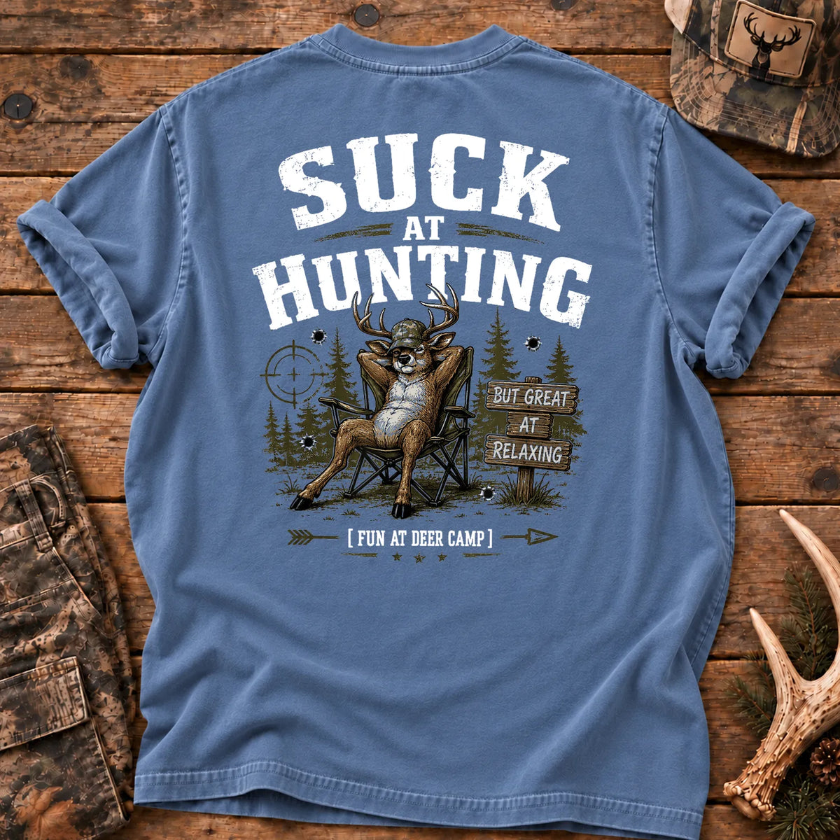 Deer Camp Relaxing T-Shirt in Blue Jean