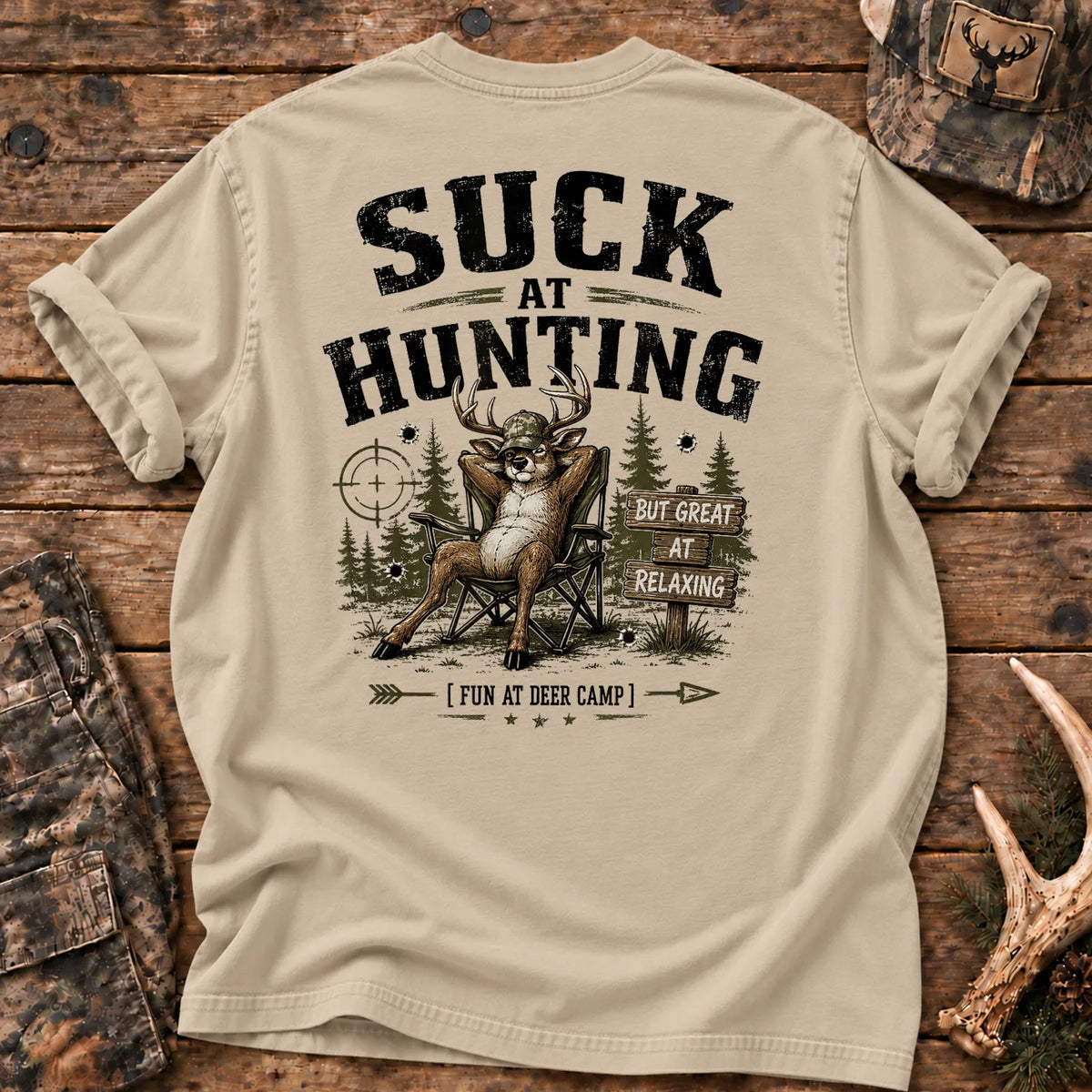 Deer Camp Relaxing T-Shirt in Sandstone