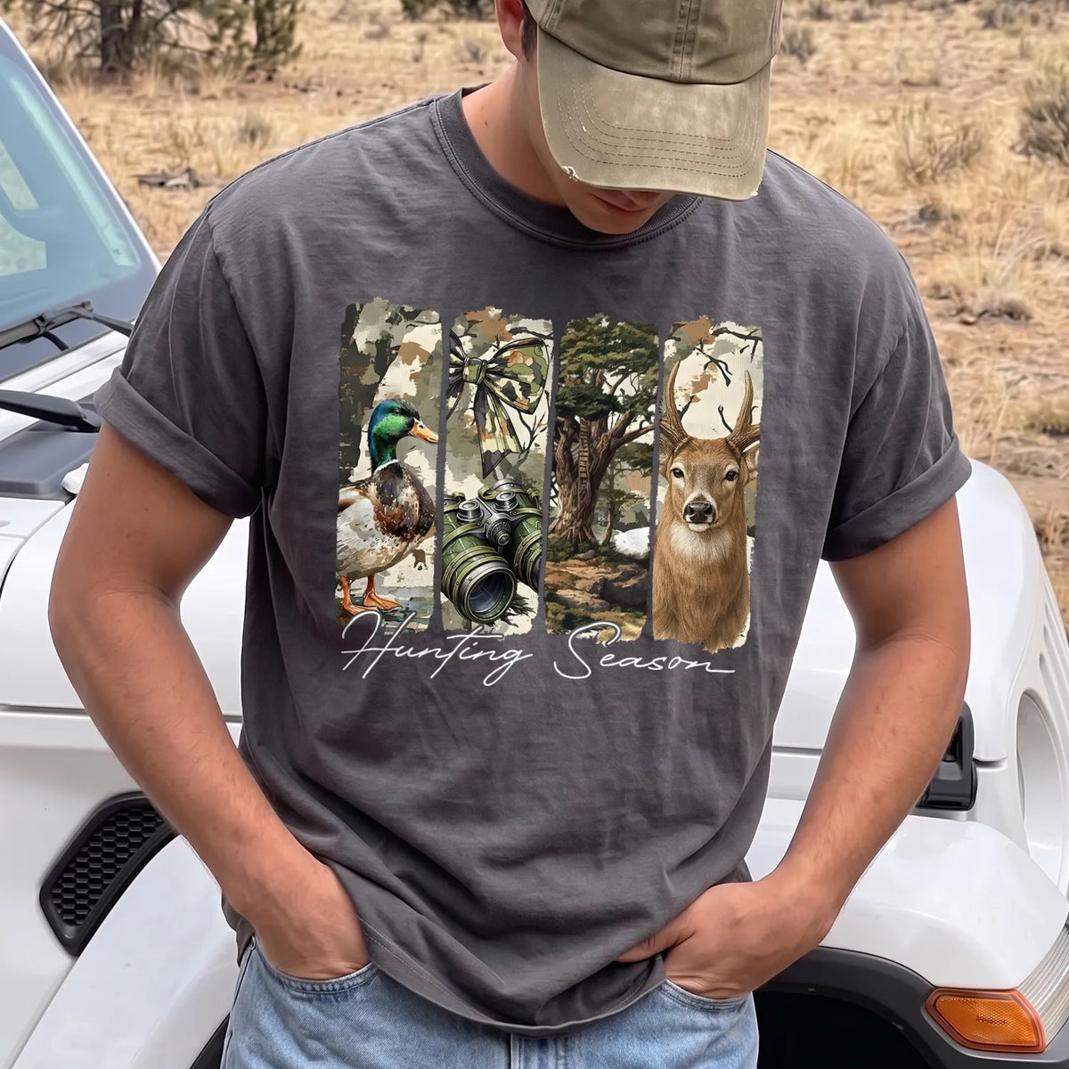Deer Duck Hunting Season T-Shirt Men model in Pepper