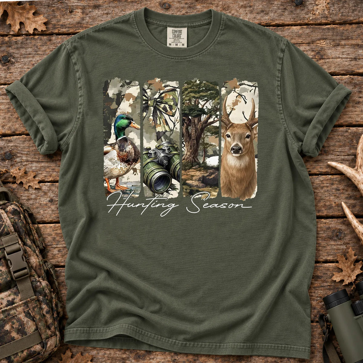 Deer Duck Hunting Season T-Shirt in Moss