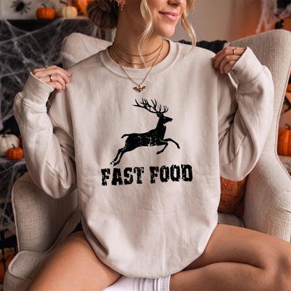 Deer Fast Food Sweatshirt Women model in Sand