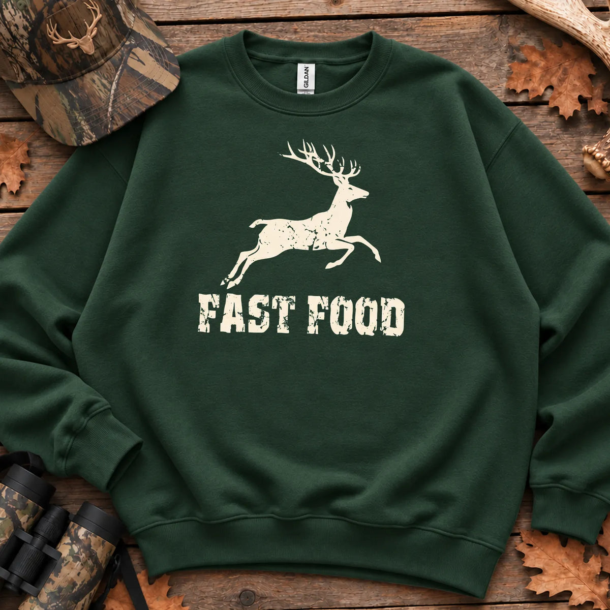 Deer Fast Food Sweatshirt in Forest Green
