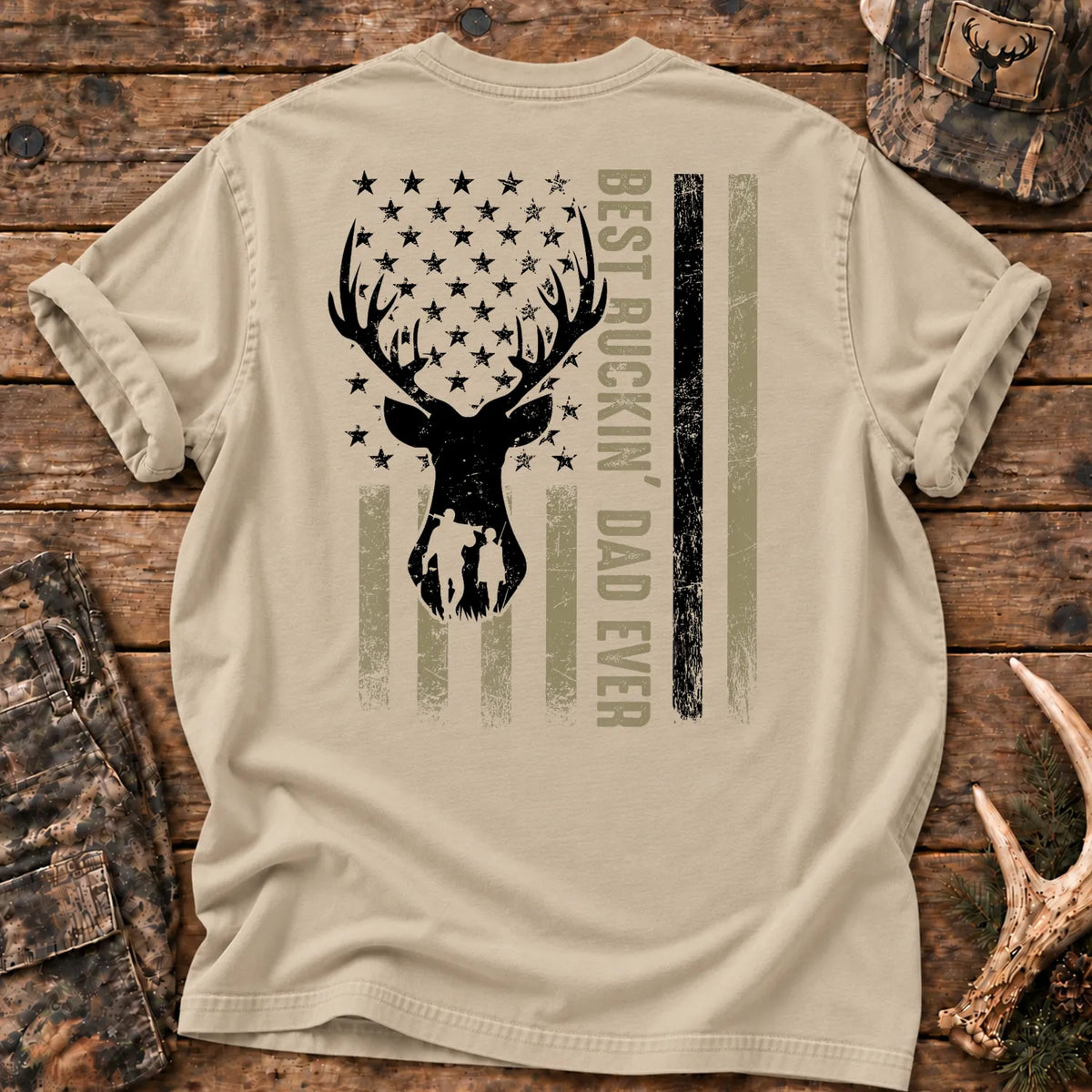 Deer Hunting Dad T-Shirt Sandstone - Back