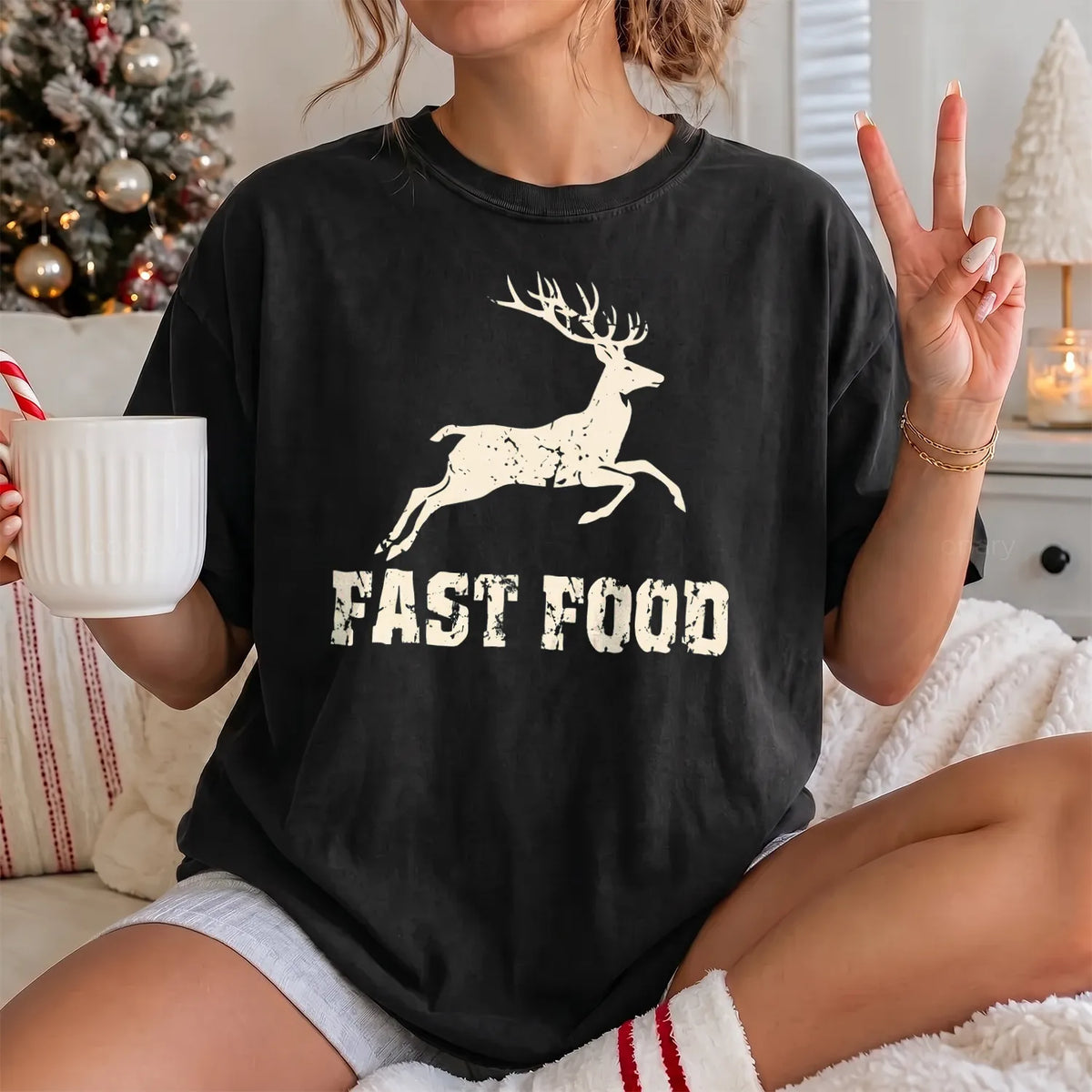 Deer Hunting Fast Food T-Shirt Women model in Black