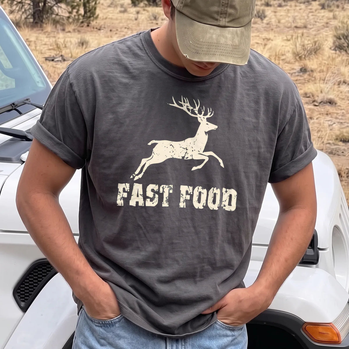 Deer Hunting Fast Food T-Shirt Men model in Pepper