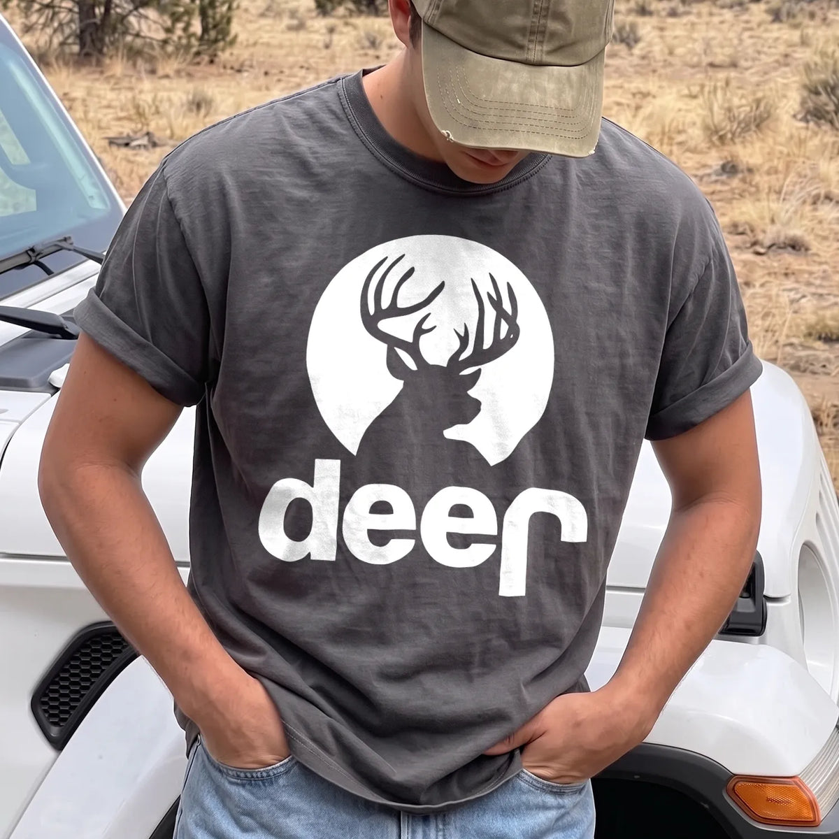 Deer Moon Silhouette T-Shirt Men model in Pepper
