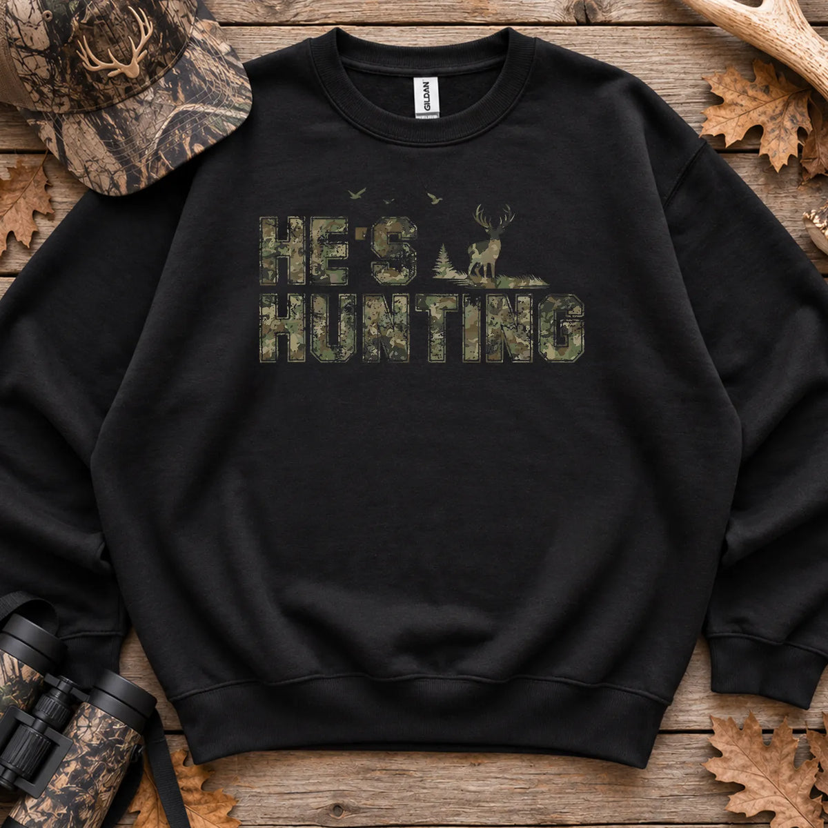 Distressed Hes Hunting Camo Sweatshirt in Black