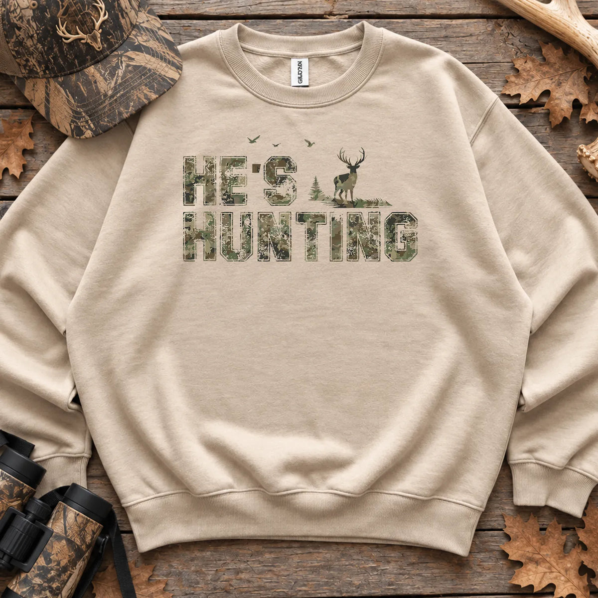 Distressed Hes Hunting Camo Sweatshirt in Sand