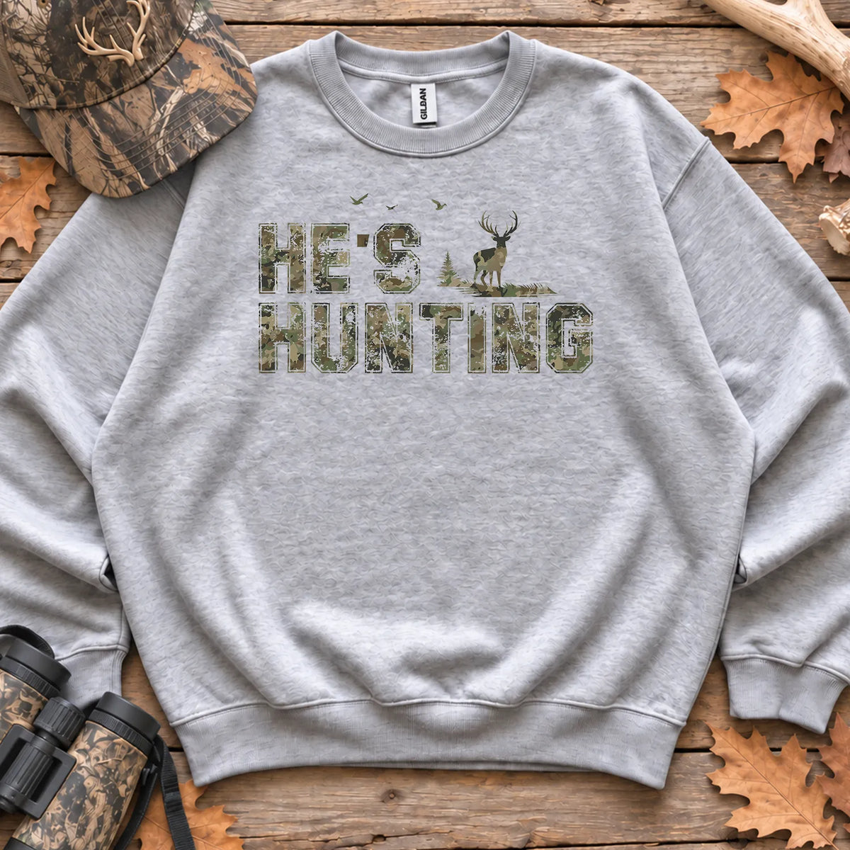 Distressed Hes Hunting Camo Sweatshirt in Sport Grey