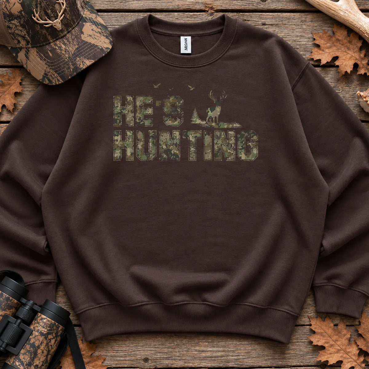 Distressed Hes Hunting Camo Sweatshirt in Dark Chocolate