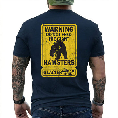 Navy T-shirt back with yellow warning sign with a bear silhouette and giant hamsters joke