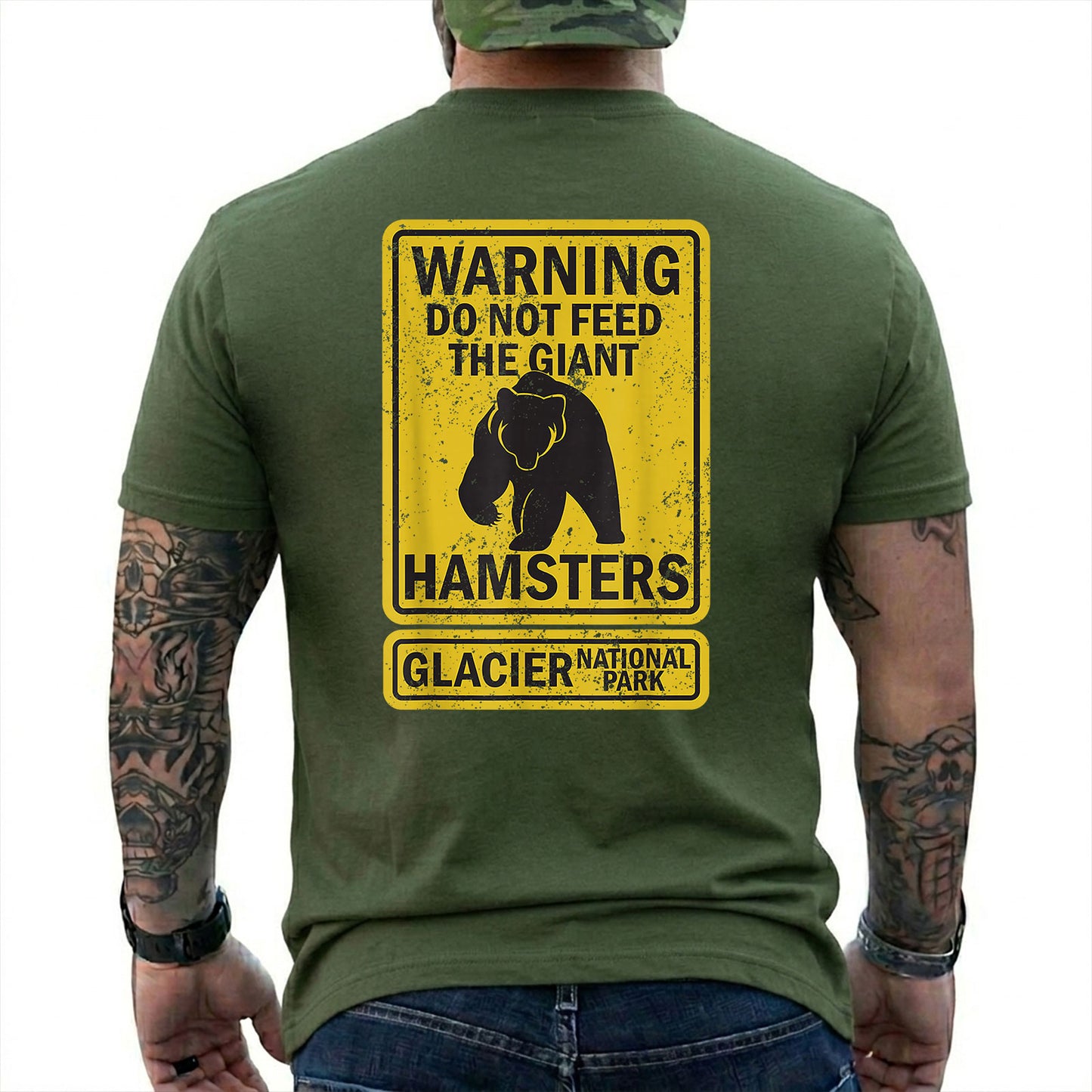 Military Green T-shirt back with yellow warning sign with a bear silhouette and giant hamsters joke
