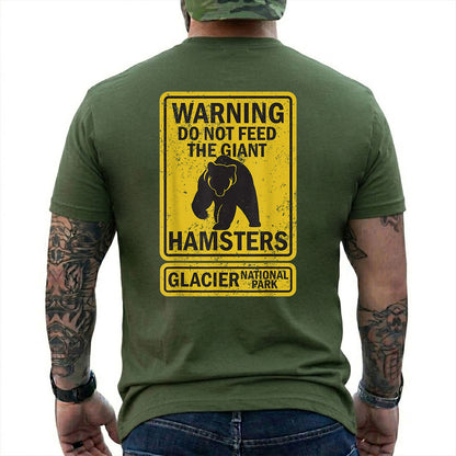 Military Green T-shirt back with yellow warning sign with a bear silhouette and giant hamsters joke